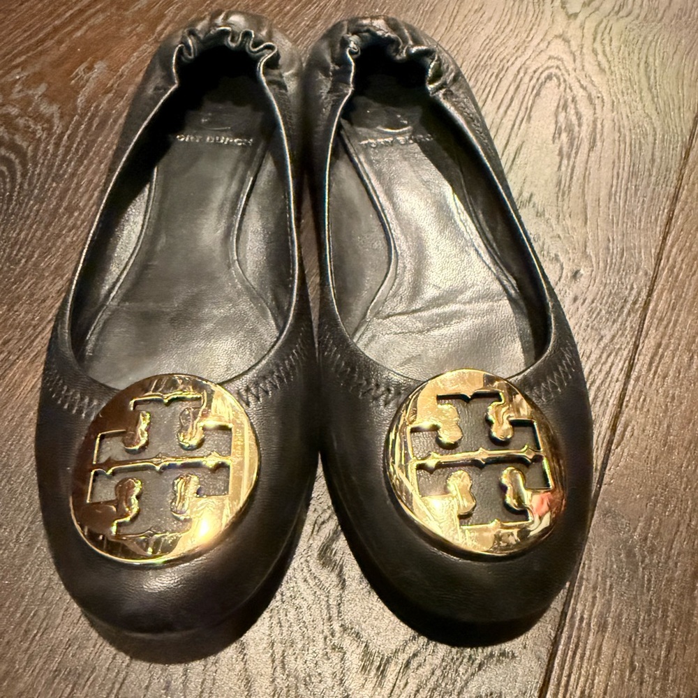 Tory Burch Black Gold Logo Flats